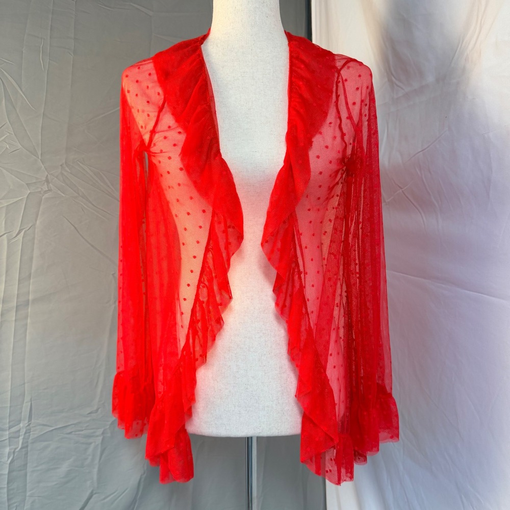 Sheer Mesh Cardigan Women M Red Polka Dot Ruffle Coquette, Whimsical, Feminine